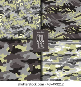 Abstract camouflage seamless pattern set. Trendy fabric design in gray and green colors.