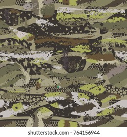 Abstract Camouflage Seamless Pattern Texture Military Repeats Army Green Hunting Clothes. Wallpaper For Textile And Fabric. Fashion Style