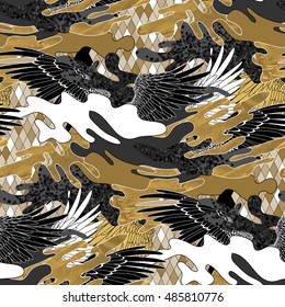 Abstract camouflage seamless pattern. Trendy fabric design in black, white and golden colors with acrylic texture. Wings and splashes.