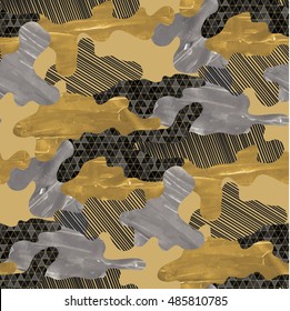 Padrão abstrato sem costura camuflagem. Design de tecido moderno em cores preto, prateado e dourado com textura acrílica.