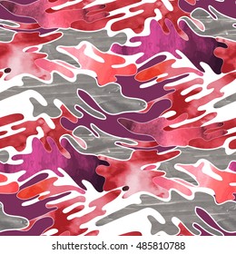 Abstract camouflage seamless pattern. Trendy fabric design in red colors with acrylic and watercolor texture.