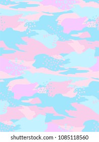 Abstract camouflage spotted seamless pattern. Blue and pink texture with small geometric design elements in retro memphis style. Modern vector grunge camo background for textile print, wrapping paper.