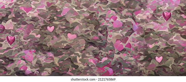 Abstrakte Tarnung, Vektorhintergrund mit rosafarbenen Herzen. Klassische militärische Tarnung in Naturgrün. Liebe, Romantik und Zärtlichkeit für Valentinstag Urlaub und Verteidiger Tag.