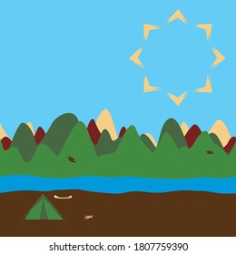 Abstract camping scene by the mountains.