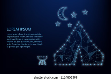 Abstract camping tent line dots on blue background, polygonal concept