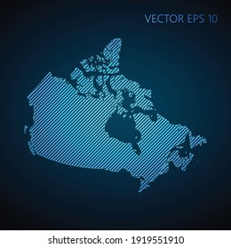 Abstract Canada map template made from blue diagonal lines on dark background. Vector illustration EPS10.