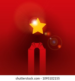 Abstract candle silhouette made from red ribbon with a star like a flame on a red background.
