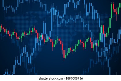 Abstract candlestick financial charts world map background. Blue background. Vector illustration.