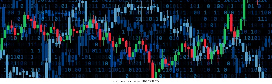 Abstract candlestick graphics binary code background. Business, IT analytics. Banner. Vector illustration.