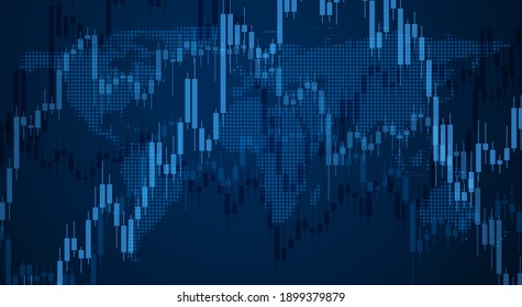 Abstract candlestick graphics world map background. Blue background. Vector illustration.