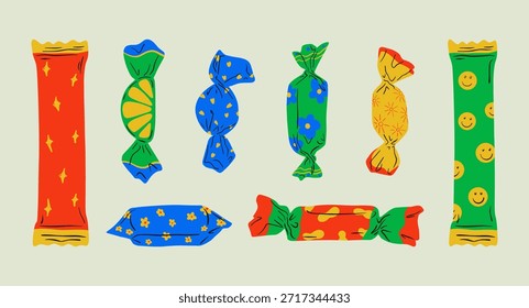Abstractas conjunto de dibujos animados de iconos de caramelo. Diversos caramelos planos de la jalea del chocolate, impresión envuelta colorida del toffee del bonbon para los carteles de la tienda del caramelo, Elementos modernos del postre. Diseño de Vector.