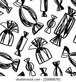 Abstract candy seamless pattern. Hand drawn vector illustration. Pen or marker doodle sketch. Black and white scribble