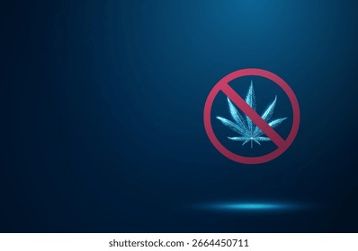 Hoja de cannabis Abstractas dentro de un letrero tachado. Concepto de prohibición, control de drogas, restricción legal, salud pública y seguridad. Estilo futurista digital de baja poli. Fondo azul. Vector.