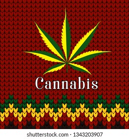 Abstract cannabis leaf logo design concept. Universal hemp design on a knitted background. Vector illustration