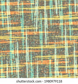Abstract canvas textured vector seamless pattern background. Chalky brown, yellow, orange backdrop with painterly etched stripes and coarse fibres. Blended weave effect. Burlap cotton woven repeat.