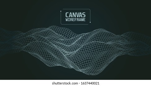 Abstract Canvas Wireframe Background. 3D grid technology illustration landscape. Digital Terrain, Cyberspace in the Mountains with valleys. Numerous communications. Data Array. Vector Illustration.