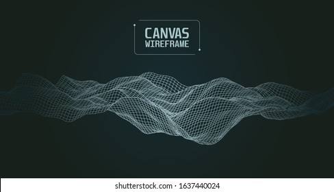 Abstract Canvas Wireframe Background. 3D grid technology illustration landscape. Digital Terrain, Cyberspace in the Mountains with valleys. Numerous communications. Data Array. Vector Illustration.