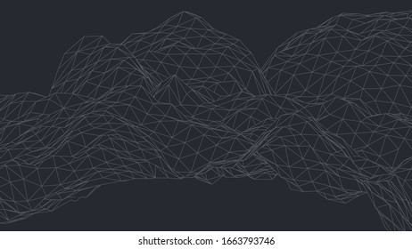 Abstract Canvas Wireframe Background. 3D grid technology illustration surface. Digital Terrain, Cyberspace in the Mountains with valleys. Numerous communications. Data Array. Vector Illustration.