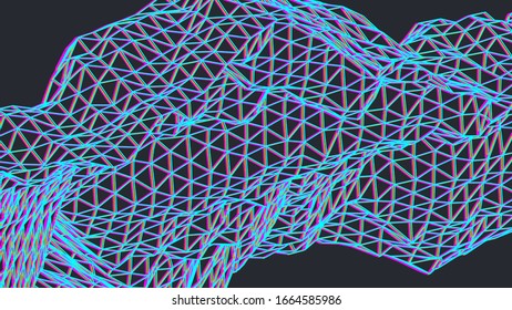 Abstract Canvas Wireframe Background. 3D grid technology illustration landscape. Digital Terrain, Cyberspace in the Mountains with valleys. Numerous communications. Data Array. Vector Illustration.