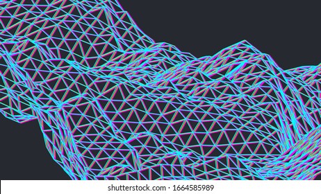 Abstract Canvas Wireframe Background. 3D grid technology illustration landscape. Digital Terrain, Cyberspace in the Mountains with valleys. Numerous communications. Data Array. Vector Illustration.