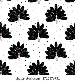 Abstract capercaillie Seamless vector pattern on black and white spotted background. Seamless bird pattern for wrapping paper, fabric, wallpaper, baby clothes, textile, kid room decor.