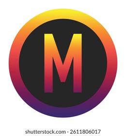 Abstract Capital Letter M Displaying a Vibrant Spectrum of Warm to Cool Gradient Colors Encased in a Smooth Dark Circular Frame