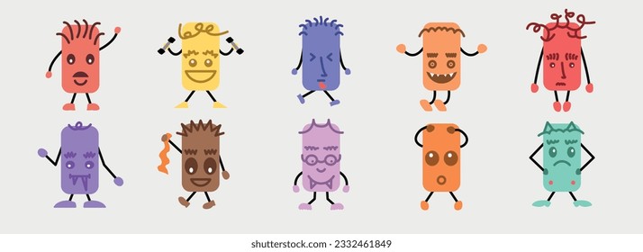 Abstract capsule guys. Cartoon stick figures. Emoticon character set. Funny doodle isolated vector elements. Sad, angry, exhausted, shocked, confused faces.