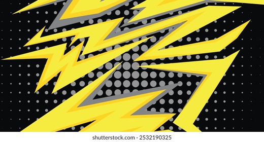 Abstract car decal vinyl wrap background vector design, yellow black stripe lightning sporty art auto sticker, striking sharp pointy graphic hexagon halftone