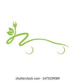 abstract car with electrical plug and green leaves, vector logo icon 