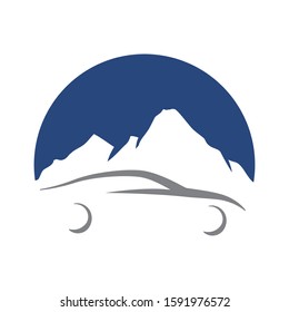 abstract car in front of winter mountain, vector logo icon