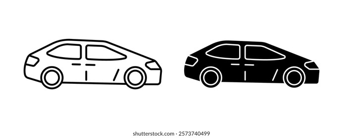 Abstract car icon. Automobile sign. Vehicle vector illustration. Sedan silhouette. Auto transport pictogram. Driver sign. Transportation graphic sign isolated line or outline art in two styles.