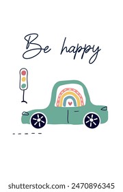 an abstract car, a rainbow isolated on a white background. Modern summer background, postcard. A colorful rainbow. for print, decoration, banners, social networks. art vector illustration.