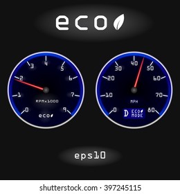 Abstract car speedometer and tachometer on black background. Concept of fuel economy
