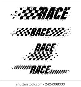 Logo abstracto del grunge de la carrera del deporte del coche con la bandera blanca y negra y el texto de la muestra. Diseño de la línea de salida y meta para el campeonato de carreras