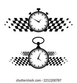 Abstract car sport race logo with black and white flag and stopwatch. Start and finish line design for racing championship