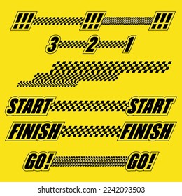 Abstract car sport race logo with black and yellow flags and tire tracks. Start and finish line design for racing championship