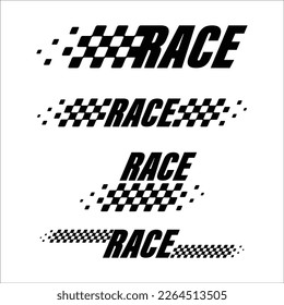 Resumen del logo de la carrera de deportes de coche con bandera en blanco y negro y texto de muestra. Diseño de línea de inicio y fin para el campeonato de carreras
