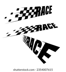 Resumen del logo de la carrera de deportes de auto con banderas en blanco y negro. Diseño de línea de inicio y fin para el campeonato de carreras