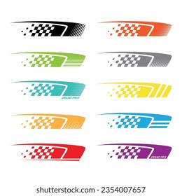 Abstract car sport race logo with colorful flag. Start and finish line design for racing championship. Abstract arrows with lines decal pattern