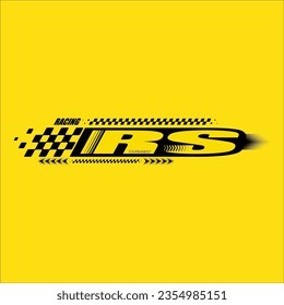 Abstract car sport race logo with black, yellow and white flag and sample text. Start and finish line design for racing championship. RS letters race checkered