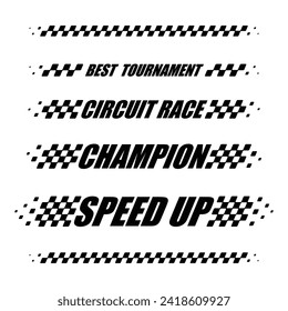 Resumen del logo de la carrera de deportes de coche con banderas y textos en blanco y negro. Diseño de línea de inicio y fin para el campeonato de carreras