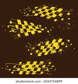 Abstract car sport race logo with brown and yellow flags. Start and finish line design for racing championship