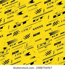 Abstract car sport race logo with black, yellow and white flag and sample text. Start and finish line design for racing championship. RS letters race checkered