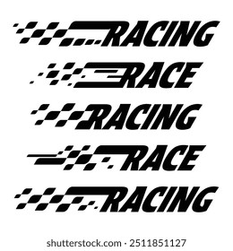 Abstract car sport race logo with black and white flags and text. Start and finish line design for racing championship