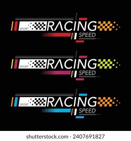 Resumen de logotipos de carreras de deportes de coche con bandera en blanco y negro. Diseño de línea de inicio y fin para el campeonato de carreras