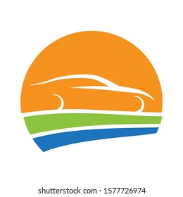 abstract car and sunset landscape, vector logo icon