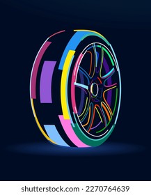 Abstract car wheel, wheel disc and tire, colorful drawing. Vector illustration of paints