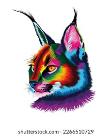 Abstract Caracal head portrait from multicolored paints. Splash of watercolor, colored drawing, realistic. Vector illustration of paints