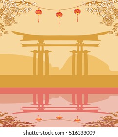 Abstract card with Asian buildings and cherry blossoms