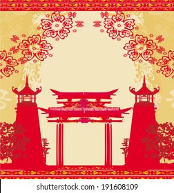 Abstract card with Asian buildings , vintage frame